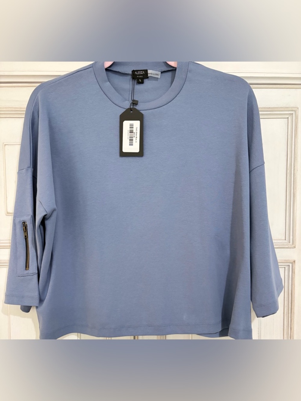 NWT SZ L Aleeza Paris Slate Blue Crewneck Top with zipper detail